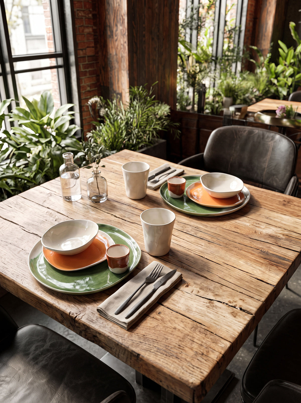 Autumn / Winter ceramic dinner set for two arranged on a wooden table beside a window