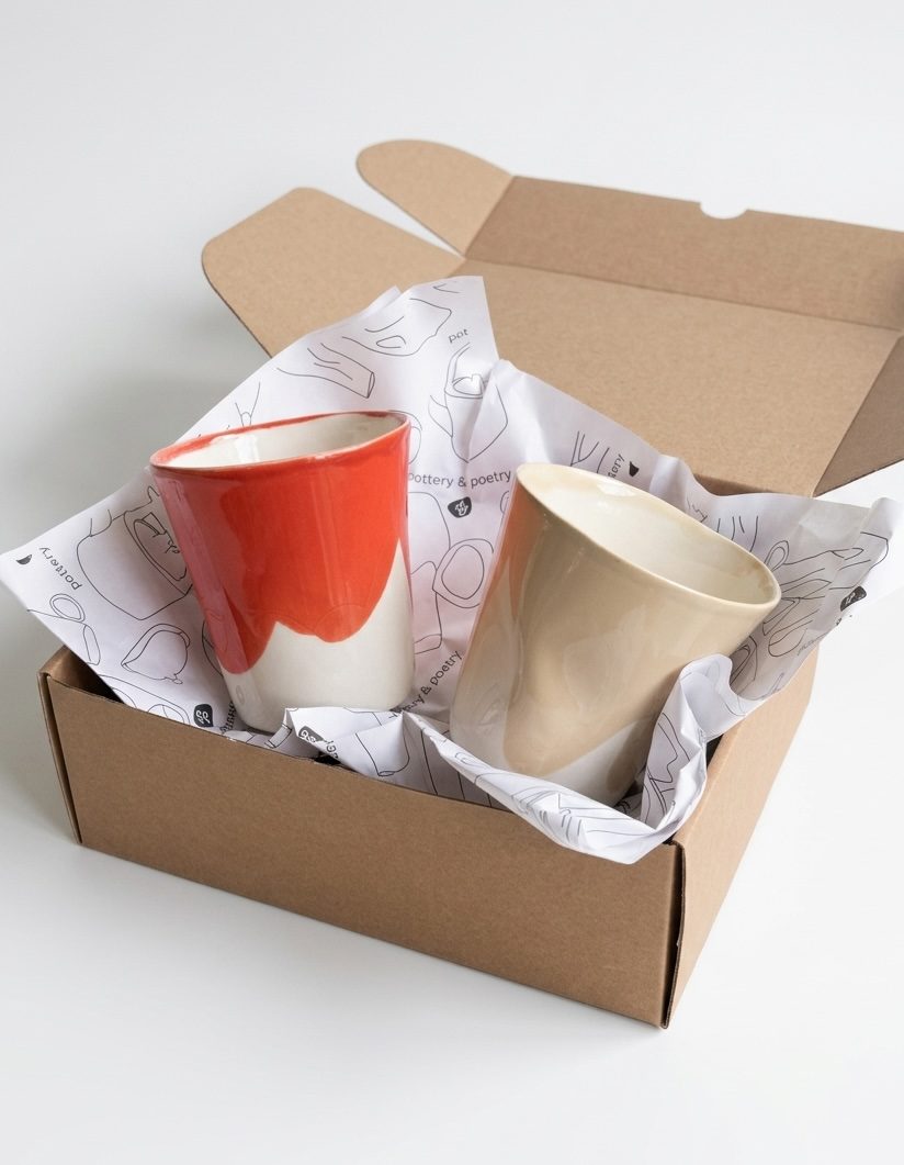 Set of 2 Large Cups in red and ivory glaze packed in a kraft gift box
