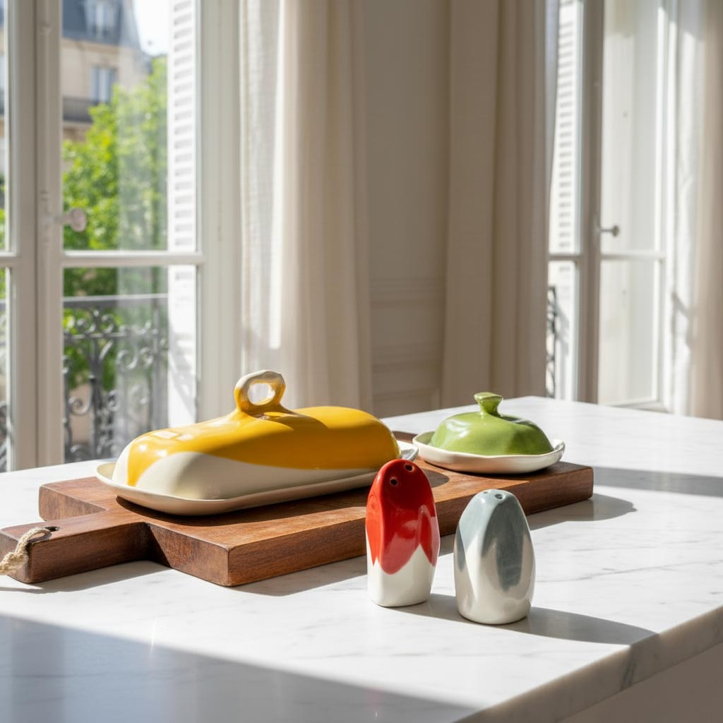 Ceramic salt and pepper shakers beside yellow and green lidded dishes by a window