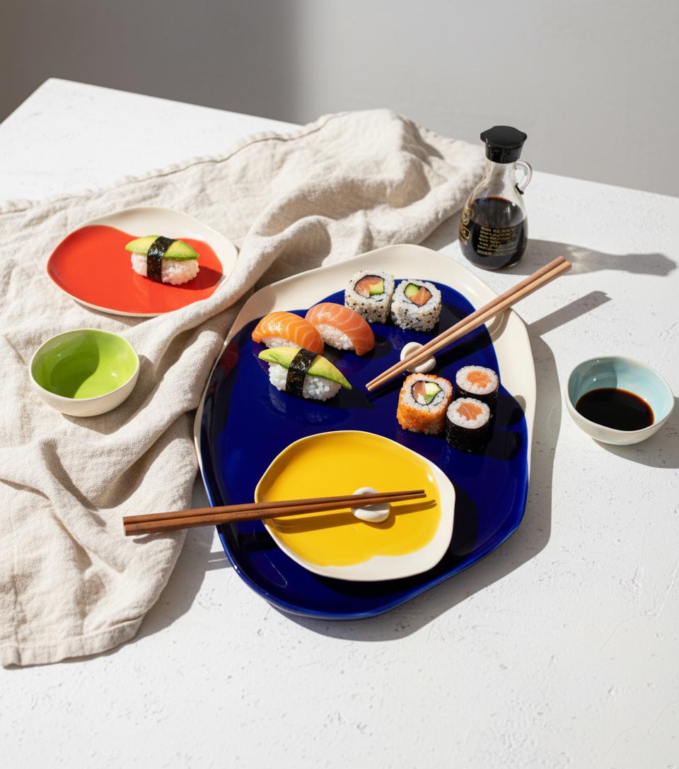 Sushi served on a handmade cobalt blue tray with red and yellow plates and a green dip bowl