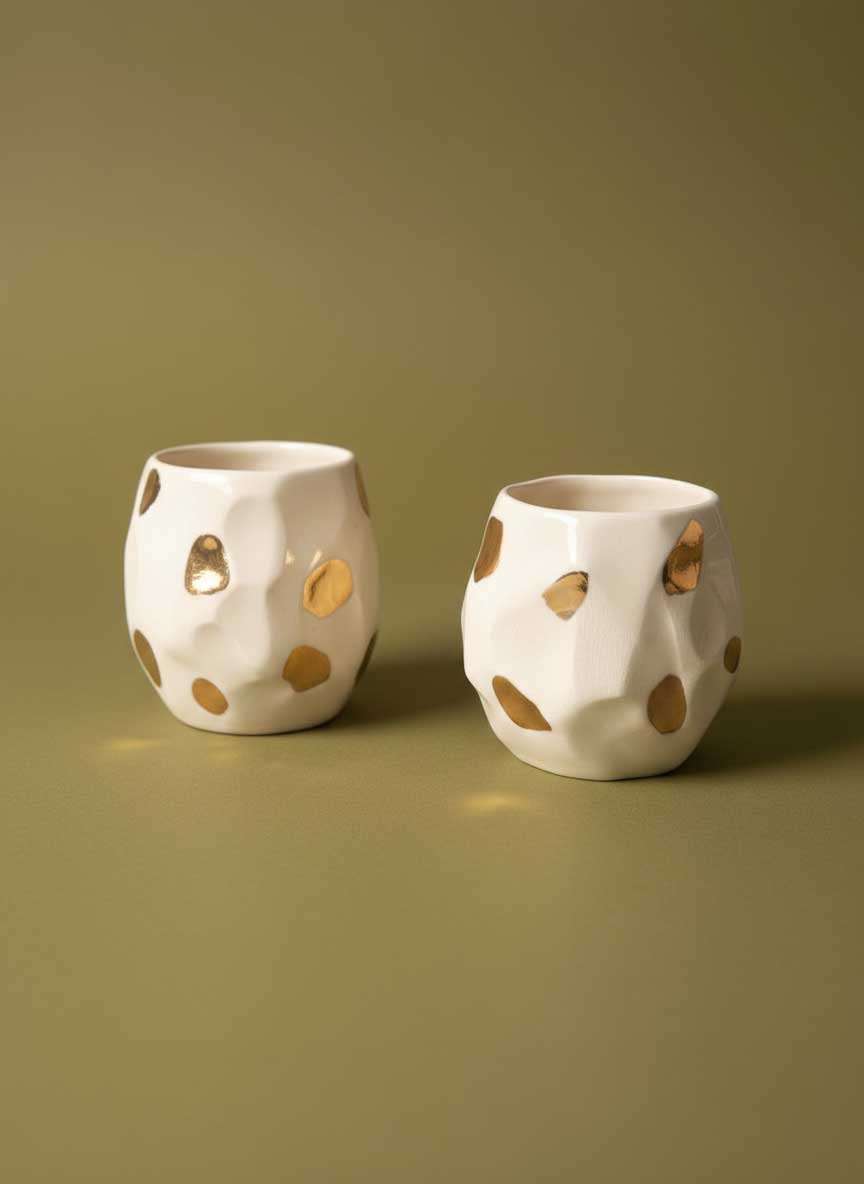 Handmade porcelain whiskey cups with gold details, set of 2