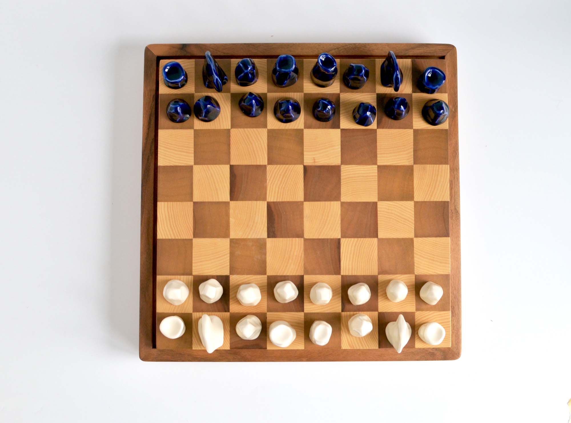 wooden chess set porcelain figurines