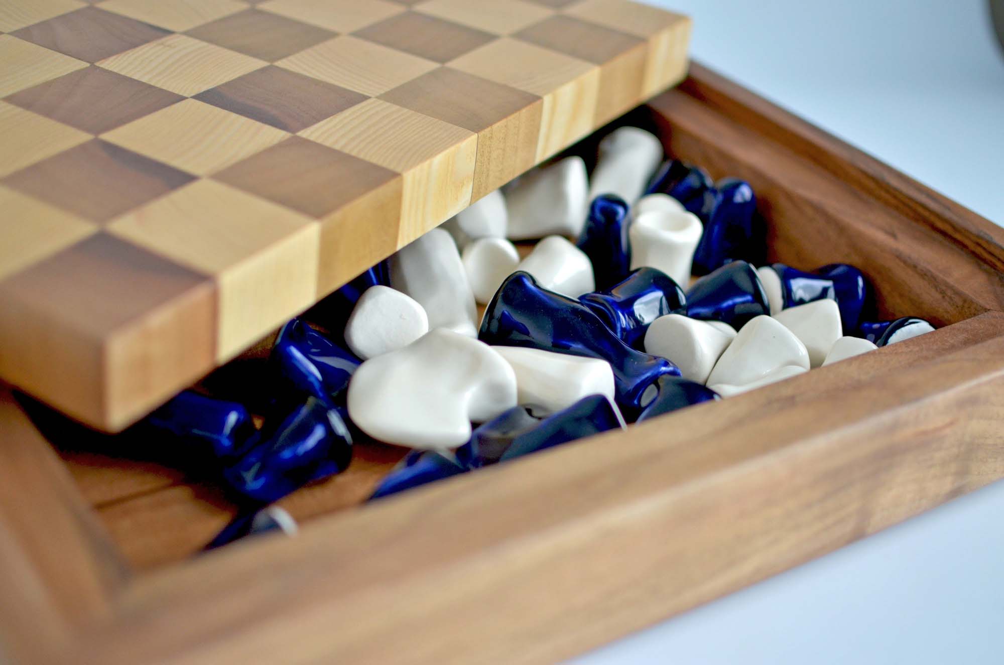 wooden chess set porcelain figurines