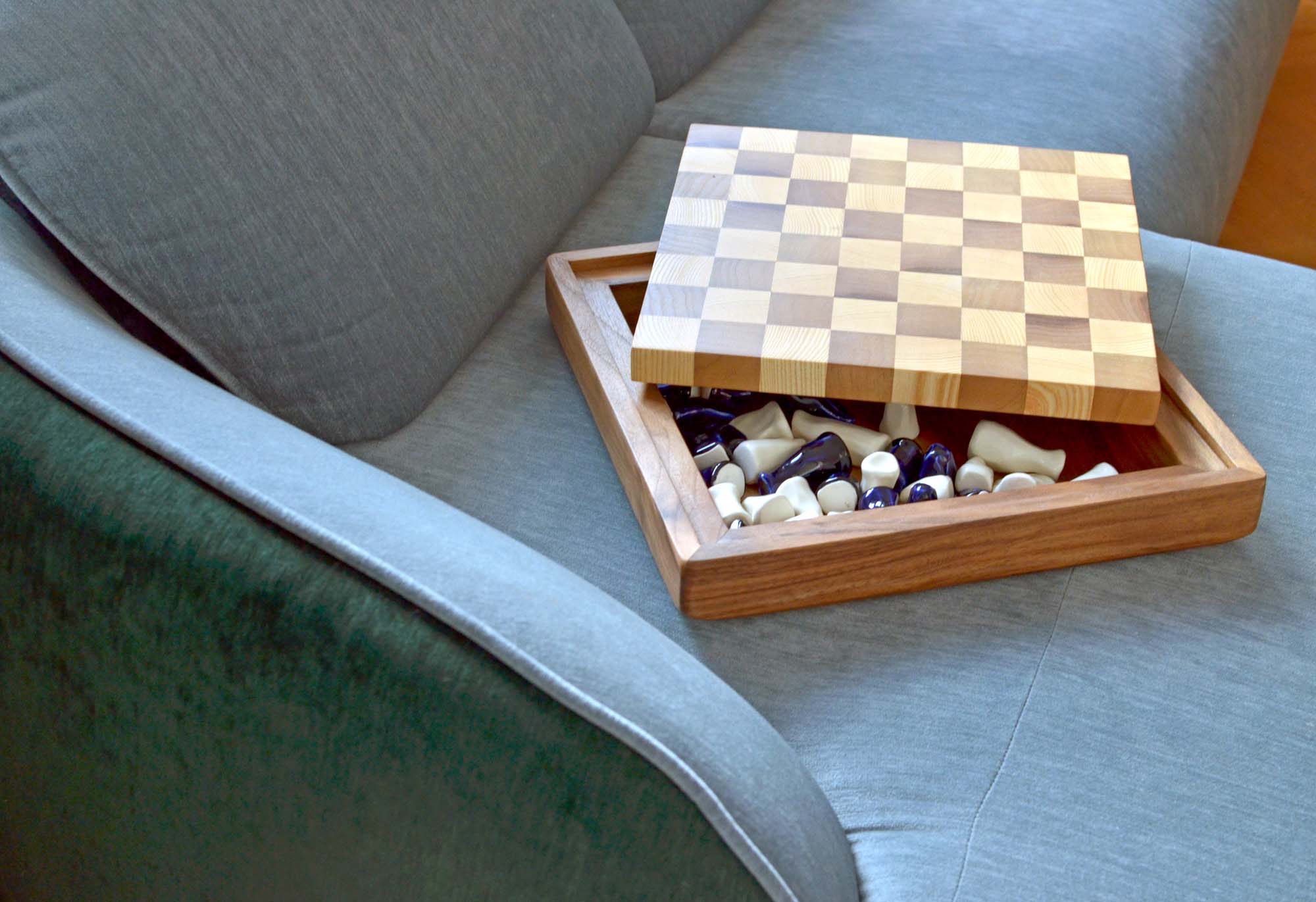 wooden chess set porcelain figurines