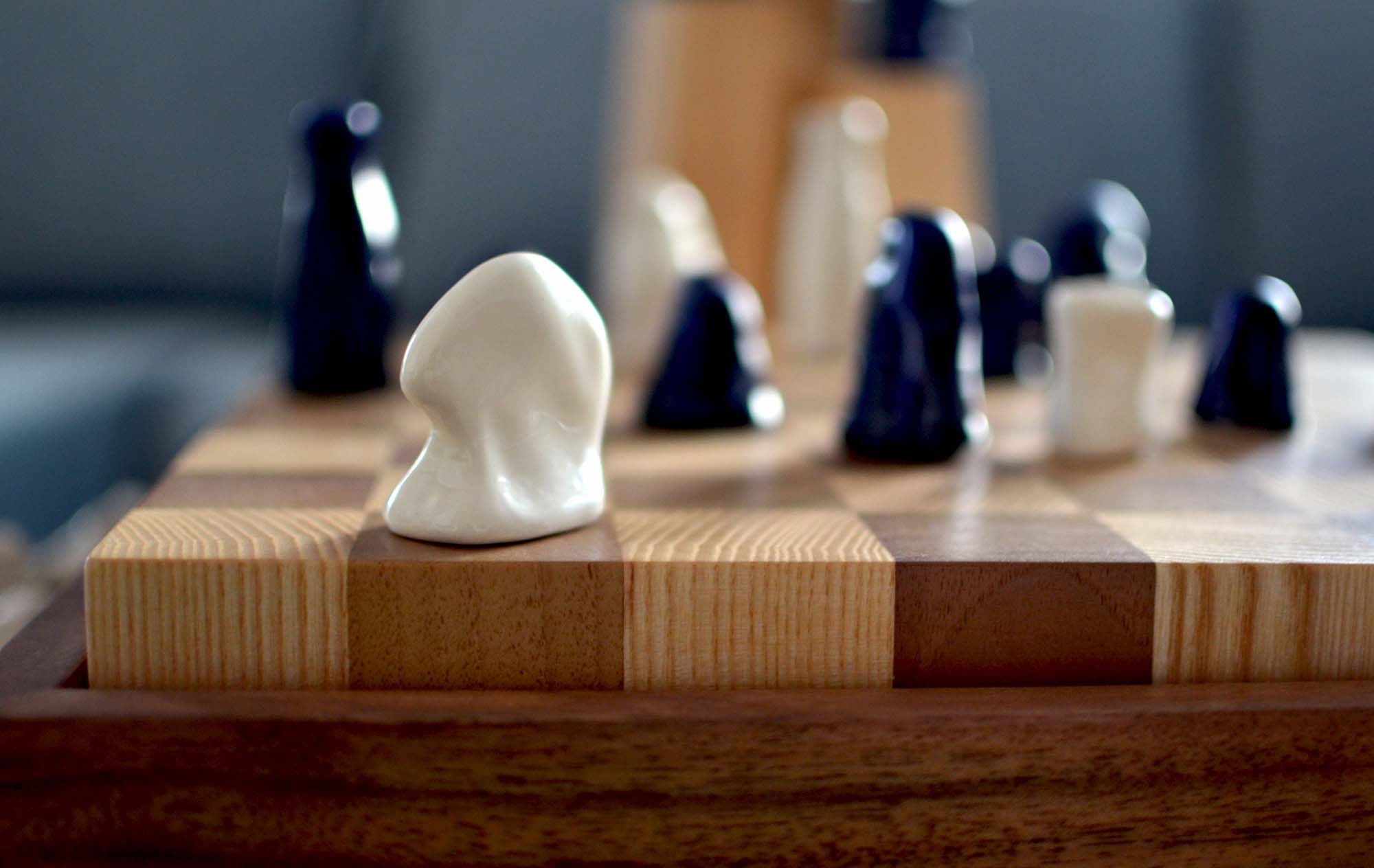 wooden chess set porcelain figurines