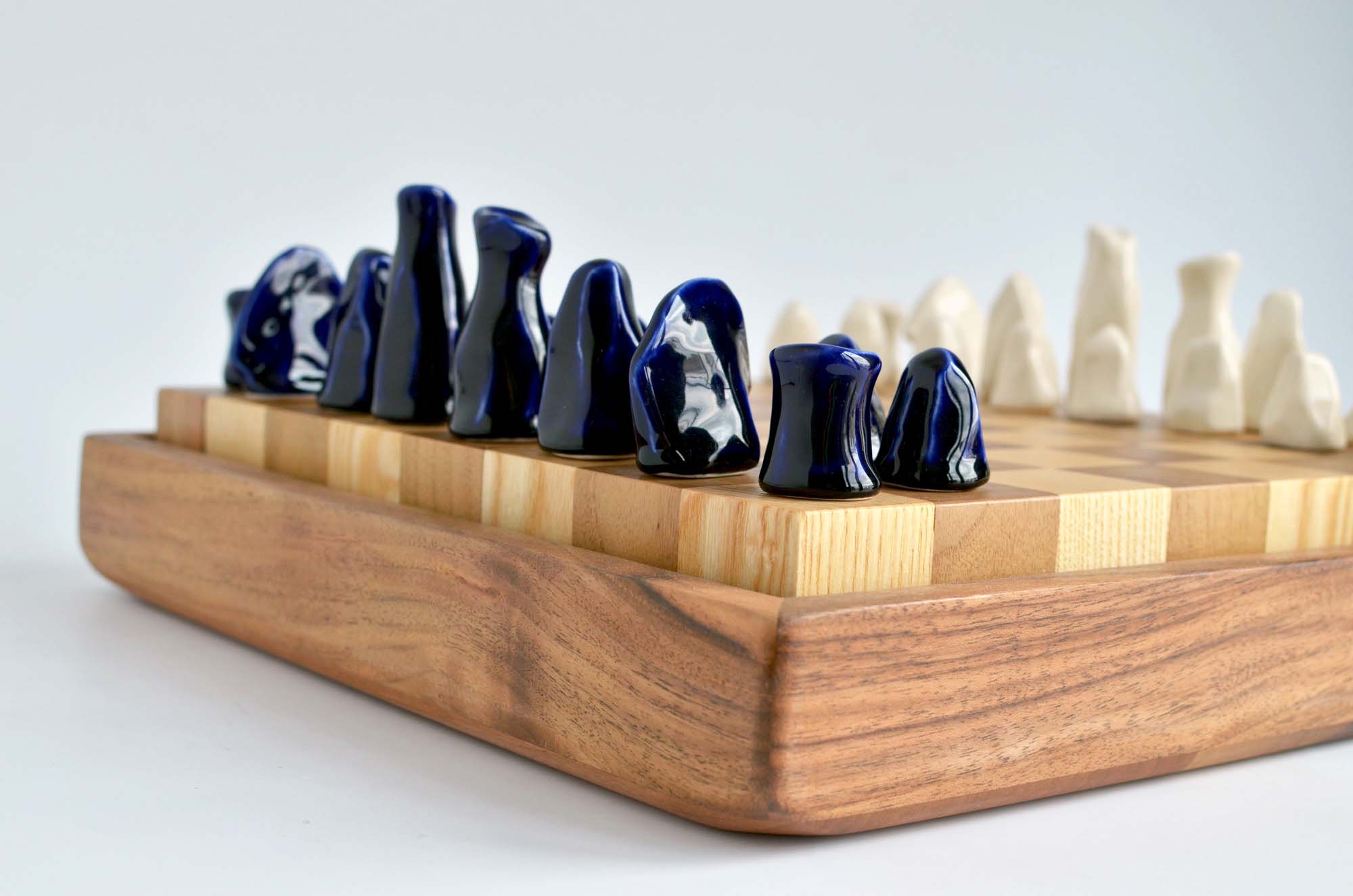 wooden chess set porcelain figurines