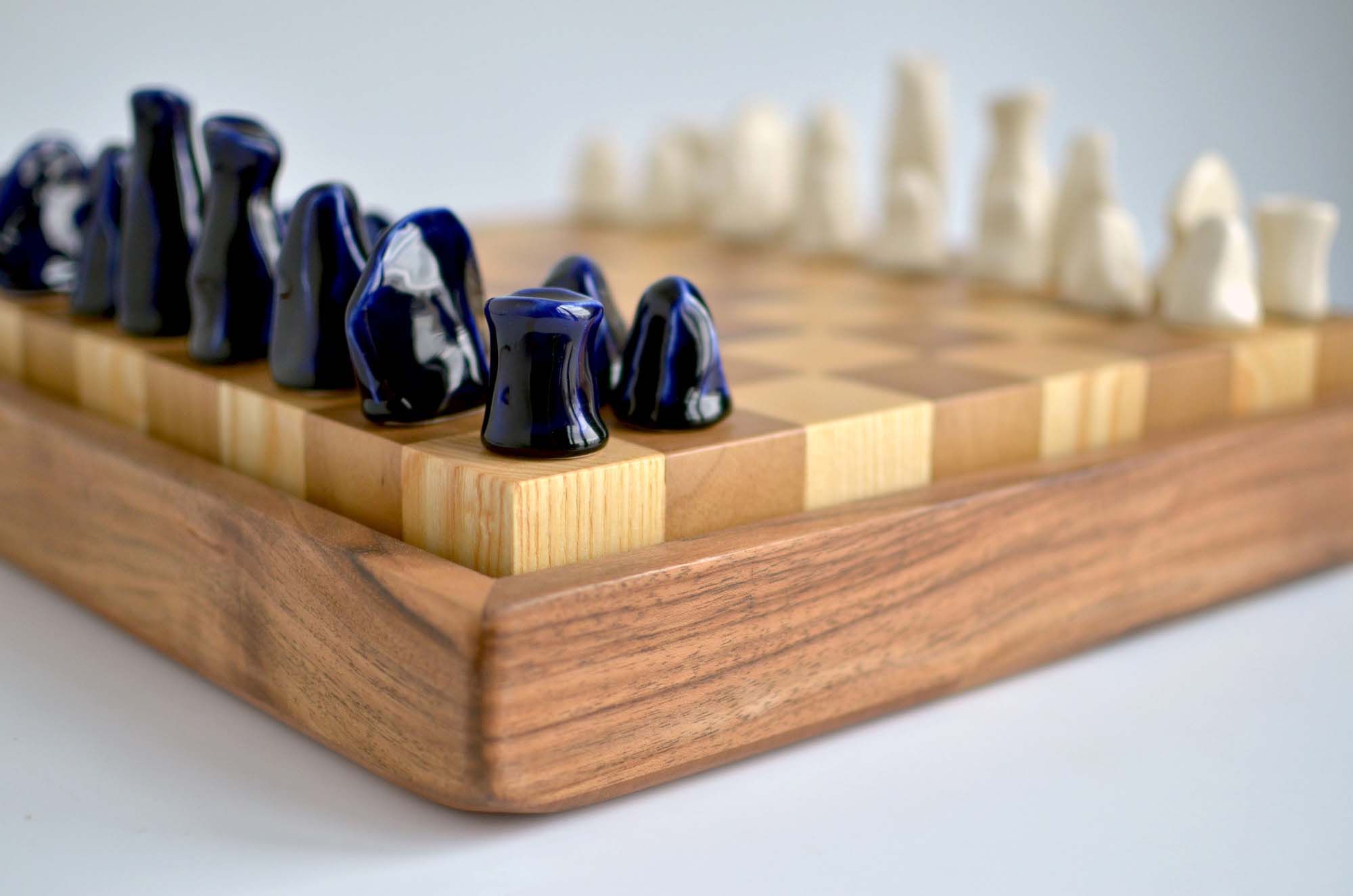 wooden chess set porcelain figurines