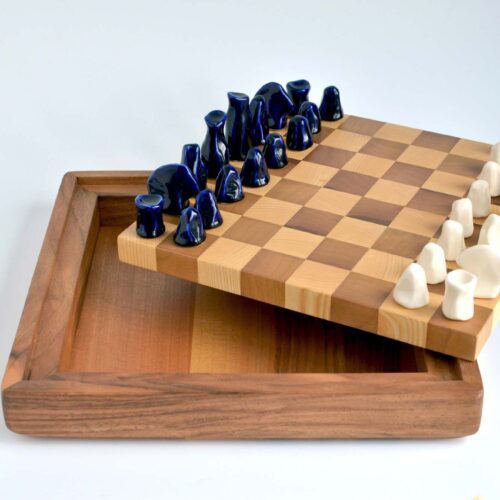 wooden chess set porcelain figurines