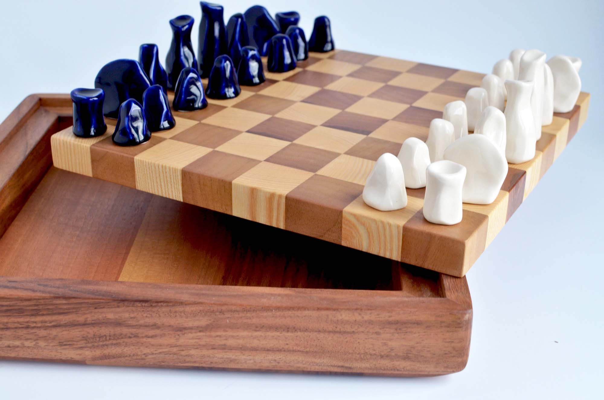 wooden chess set porcelain figurines