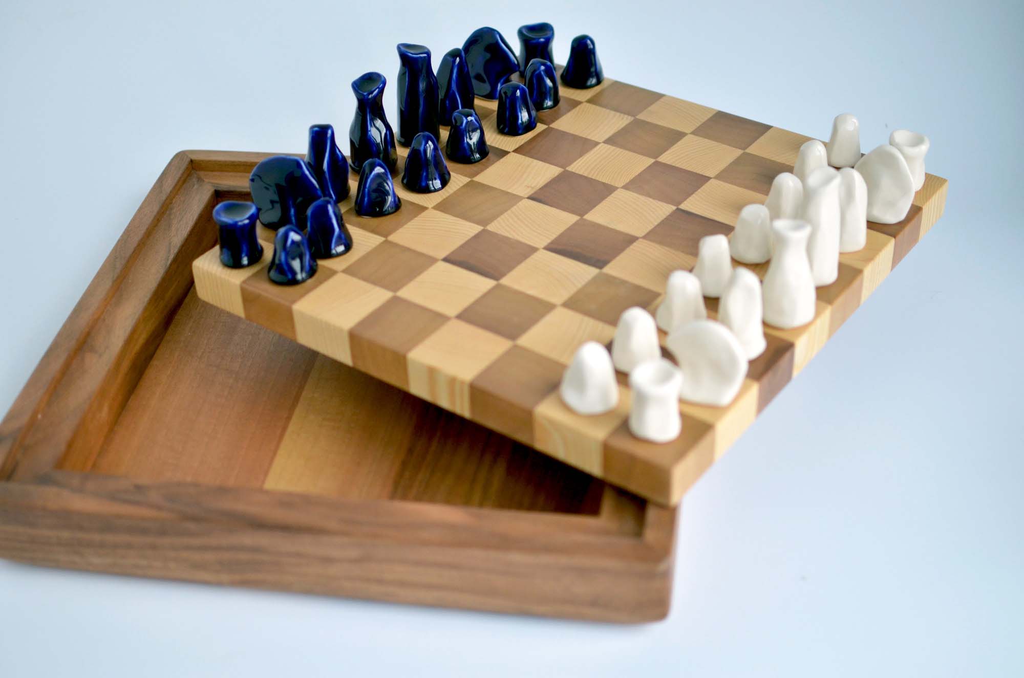 wooden chess set porcelain figurines
