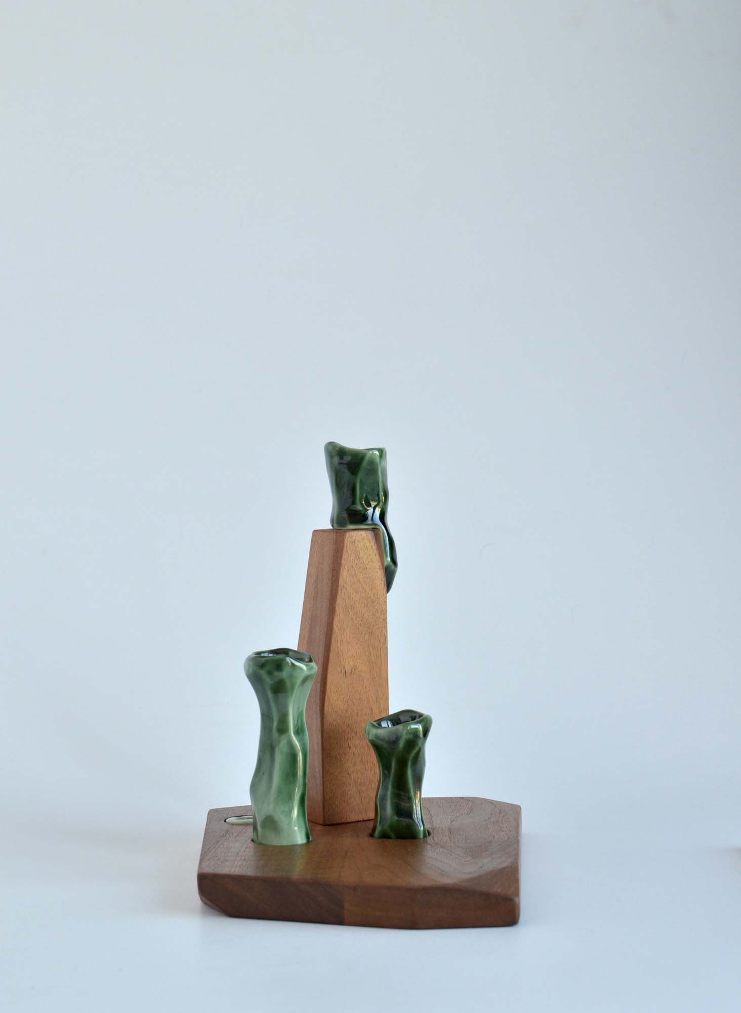 walnut wood and porcelain candle holder