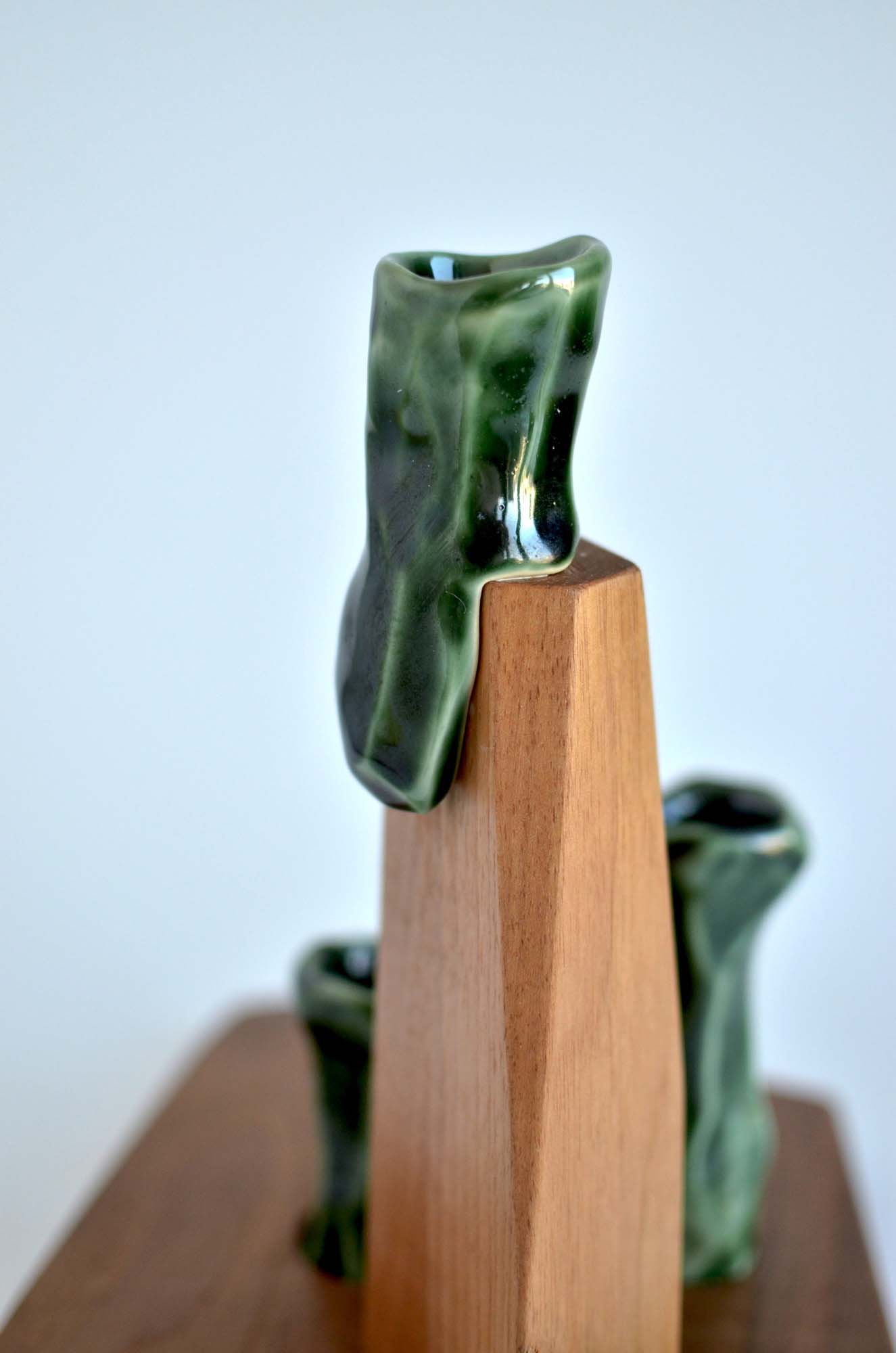 walnut wood and porcelain candle holder