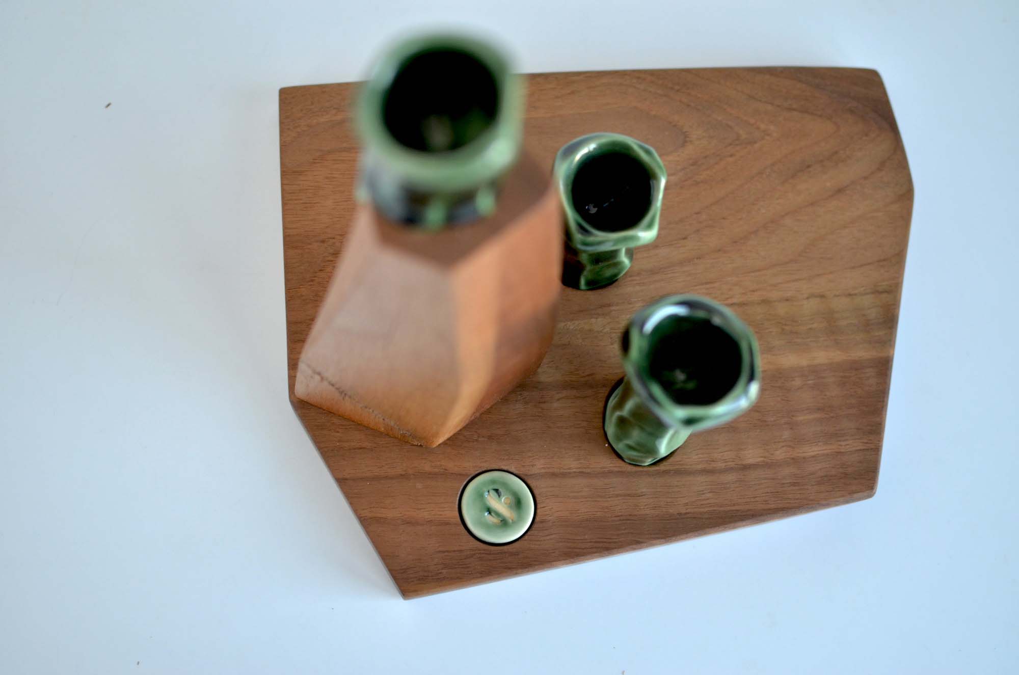 walnut wood and porcelain candle holder