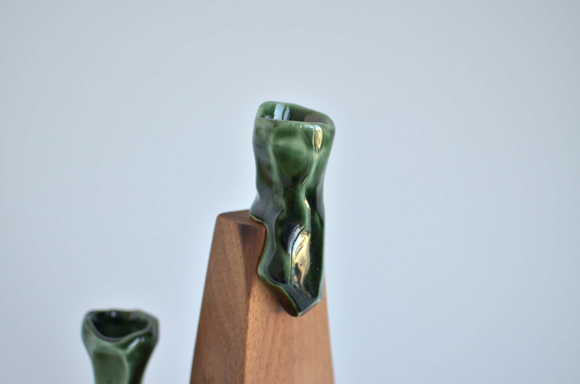 walnut wood and porcelain candle holder