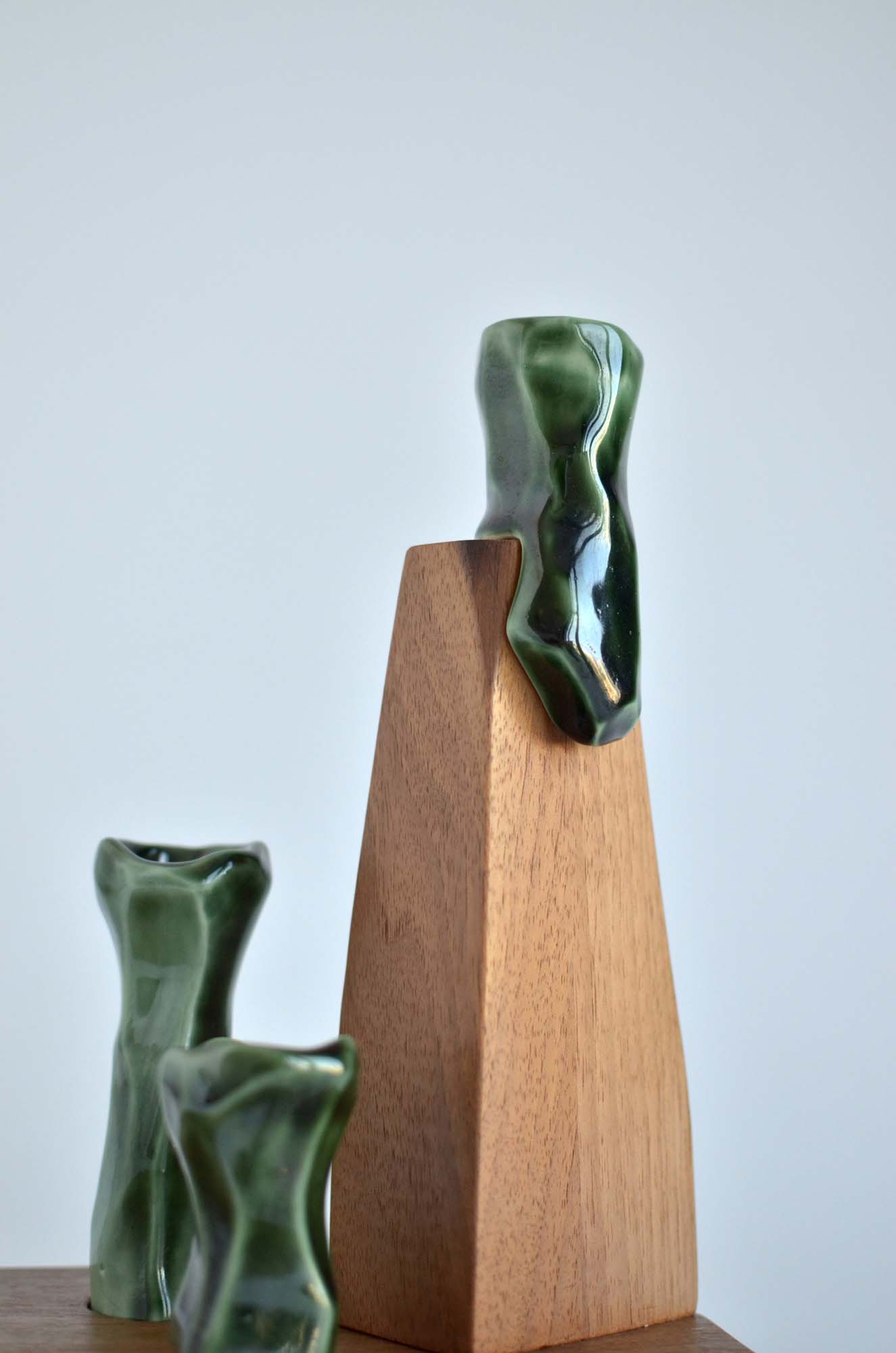 walnut wood and porcelain candle holder