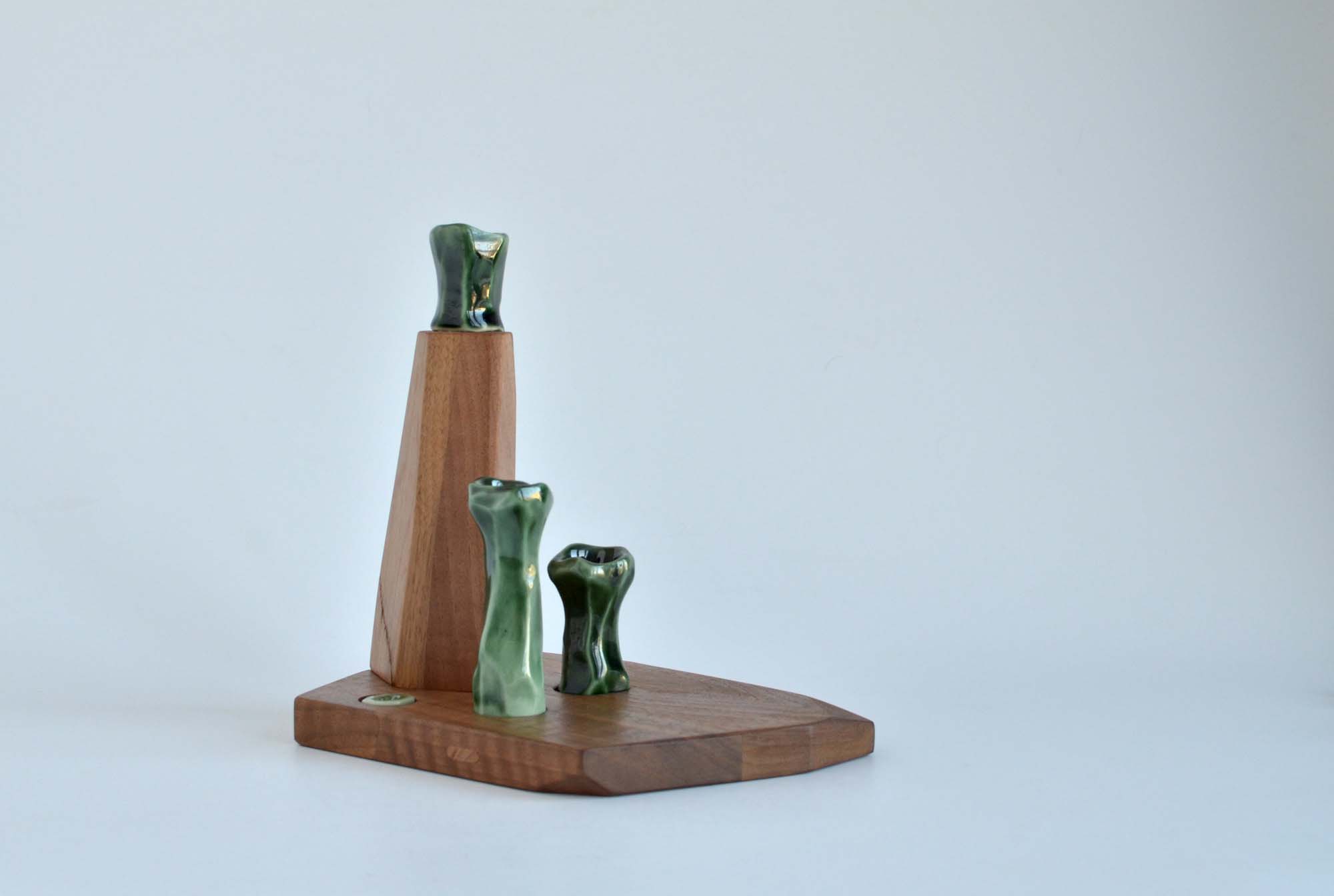 walnut wood and porcelain candle holder