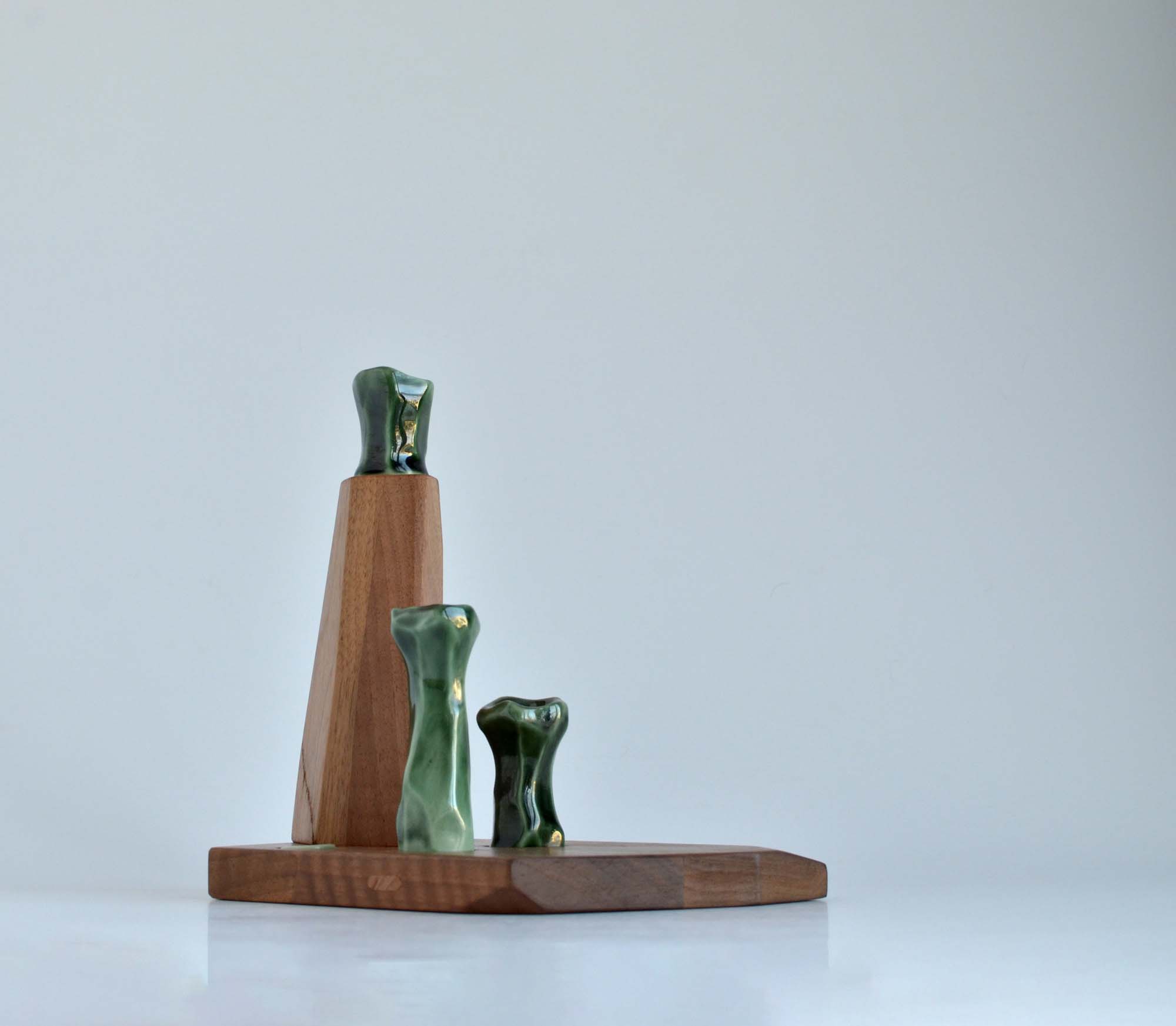 walnut wood and porcelain candle holder
