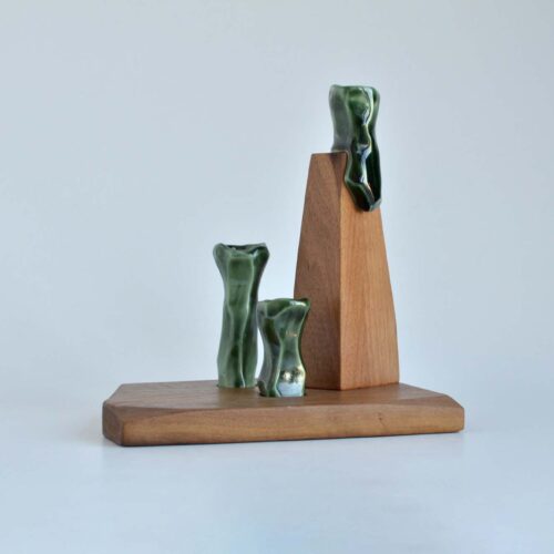 walnut wood and porcelain candle holder