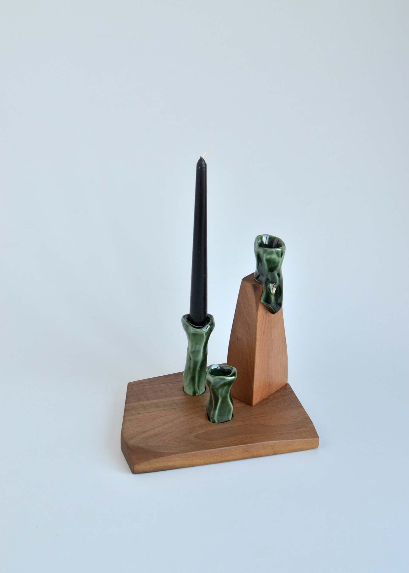 walnut wood and porcelain candle holder