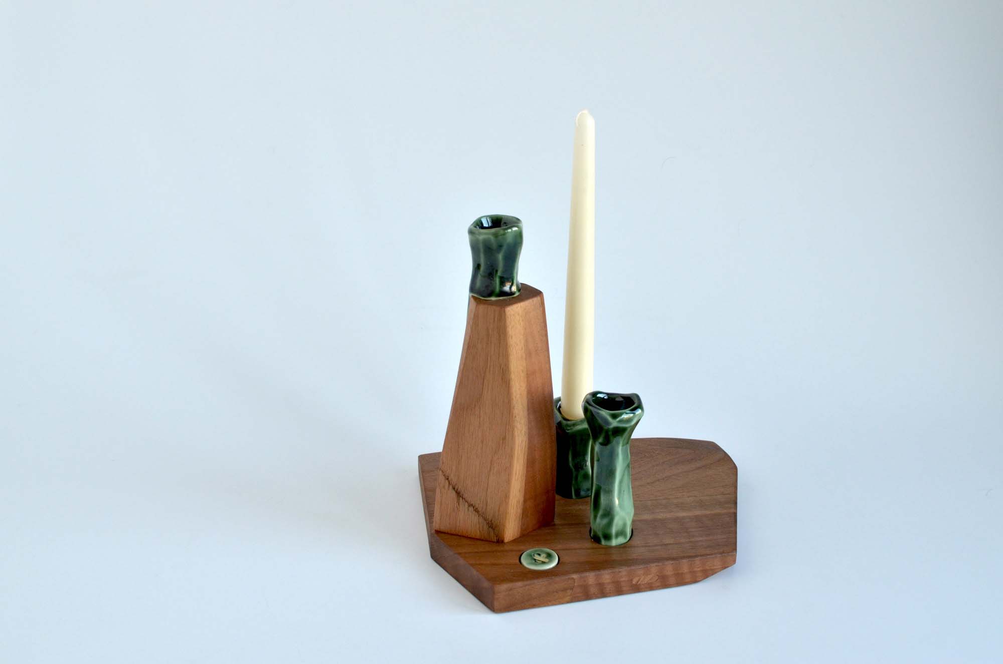 walnut wood and porcelain candle holder