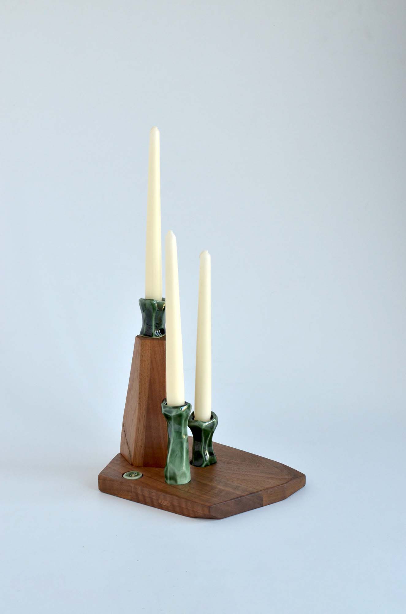 walnut wood and porcelain candle holder