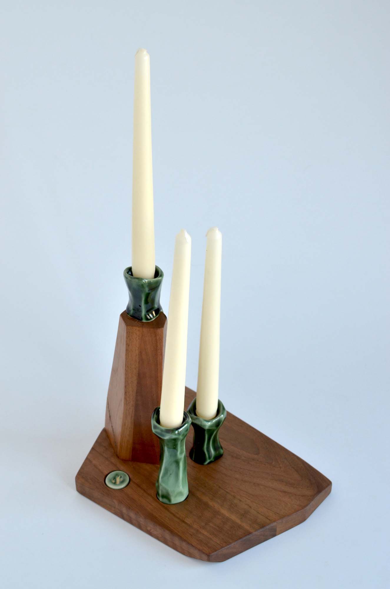 walnut wood and porcelain candle holder