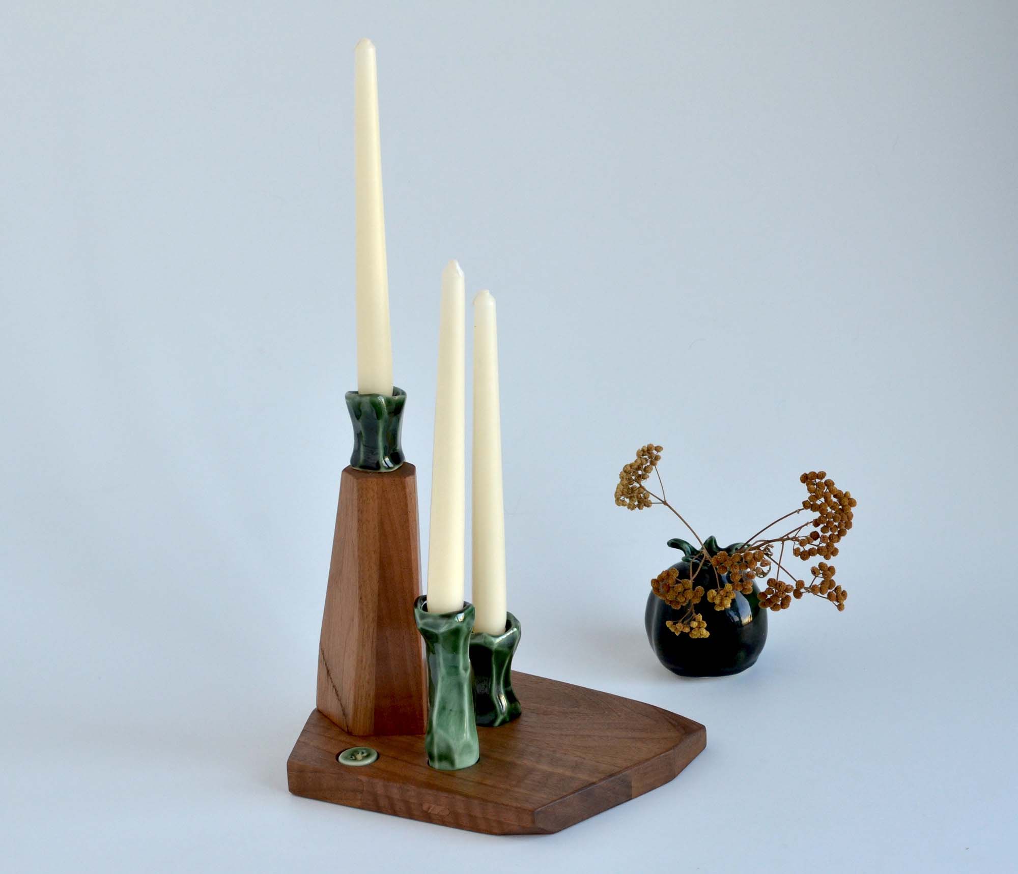 walnut wood and porcelain candle holder