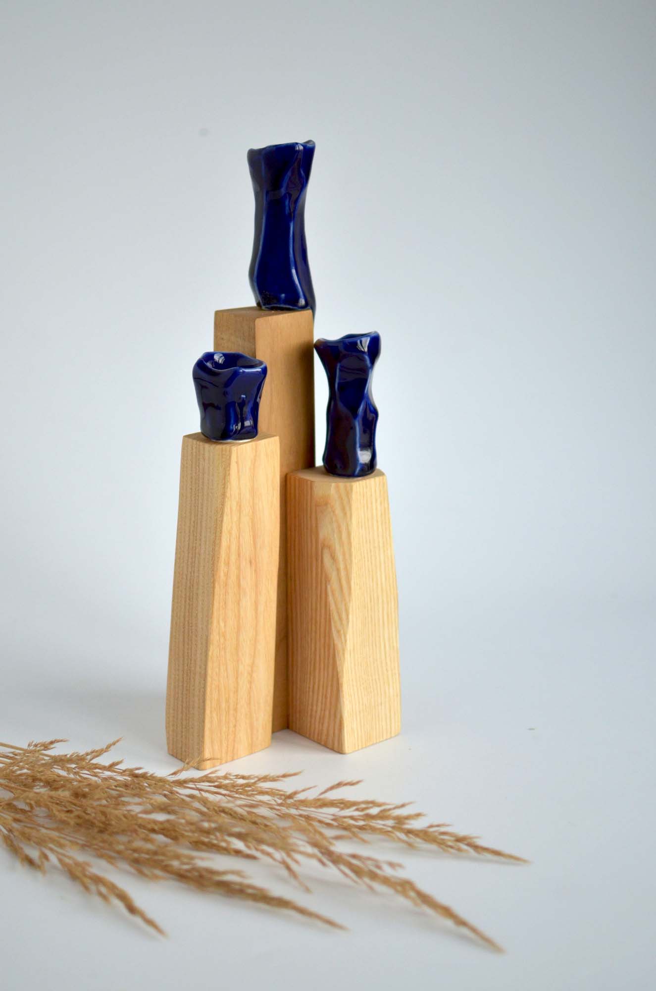 ash wood and porcelain candle holder
