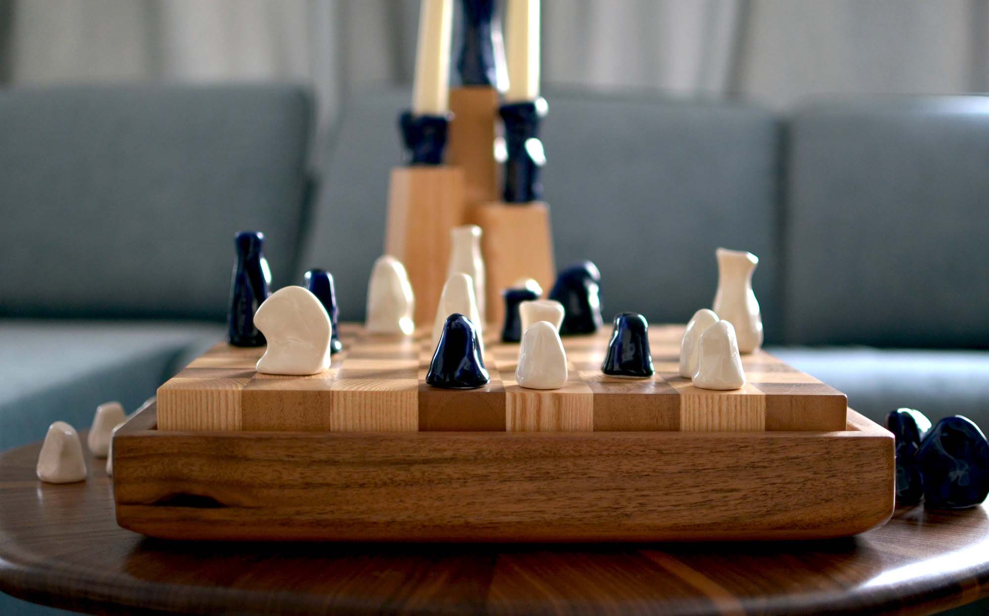 wooden chess unique stylized porcelain figurines