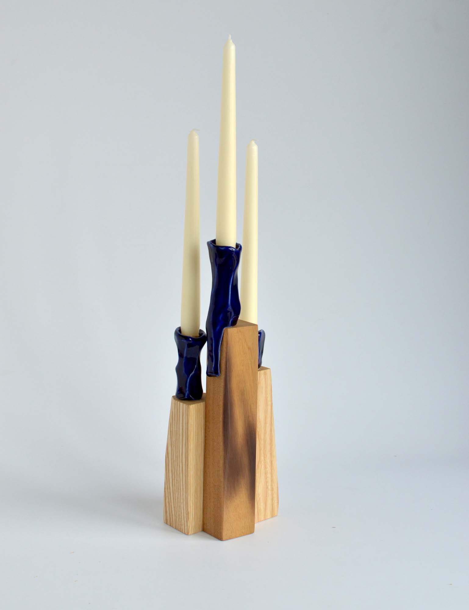 ash wood and porcelain candle holder