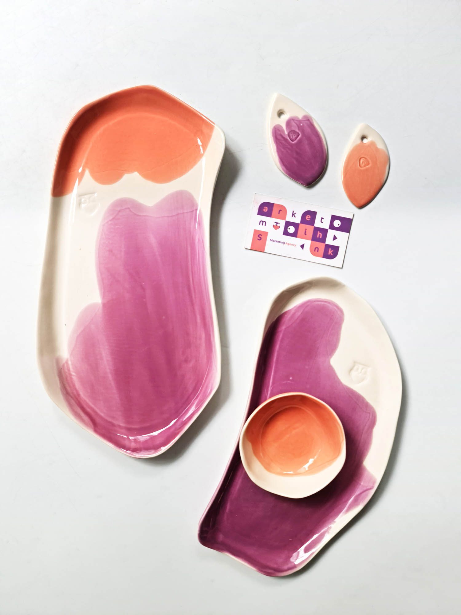 corporate gifts pottery and poetry Custom porcelain plates and branded ceramic tags created for a corporate gift set.