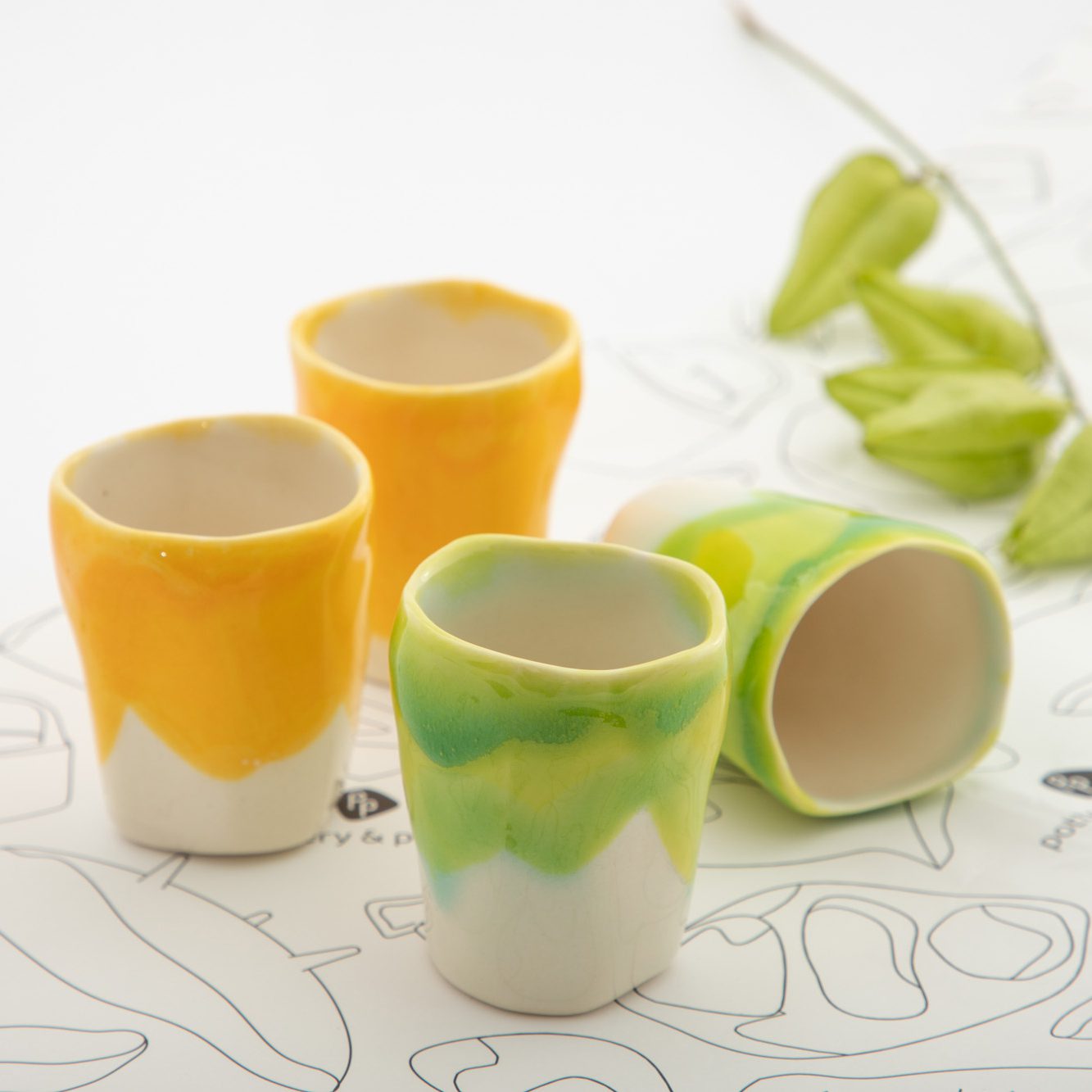 coffee cups electric matcha and cadmium