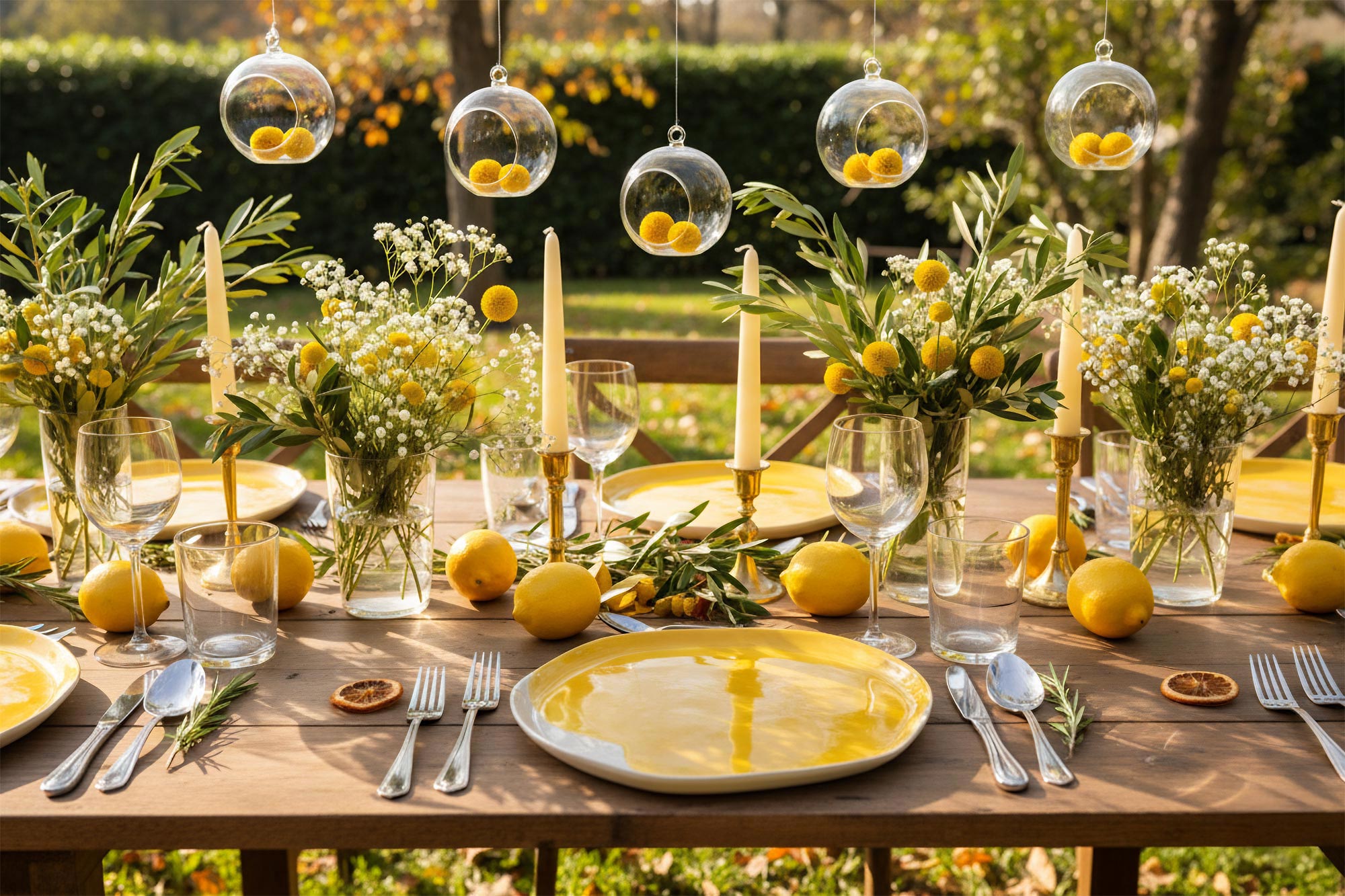 beautifyl arranged garden table with yellow plates