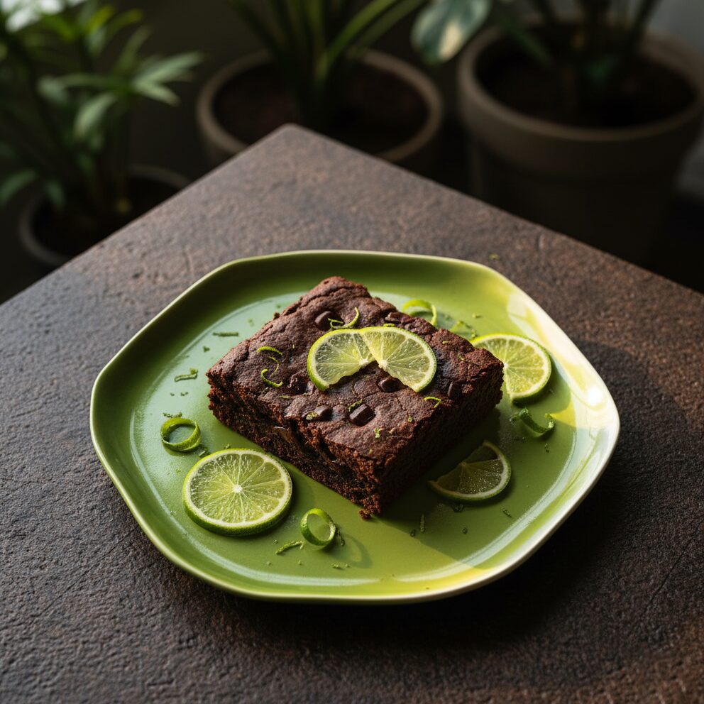 Brownie with limes on a green handmade plate